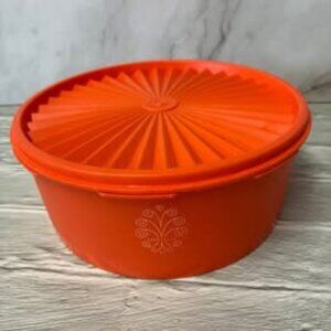Vintage Tupperware Servalier Orange Round Container w/ Starburst Lid